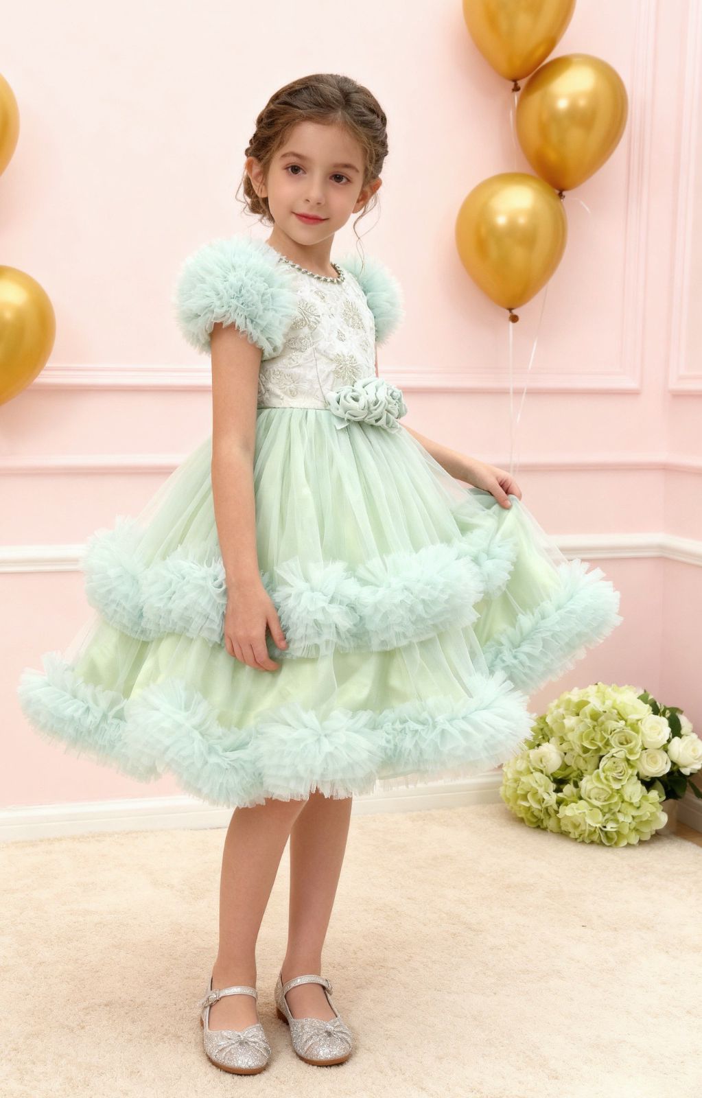 Robe de Cérémonie Fille Style Princesse en Tulle - Manches Bouffantes