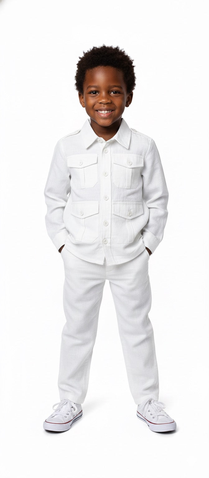 Ensemble Garçon Manche Longue - Chemise & Pantalon (Blanc & Jaune)