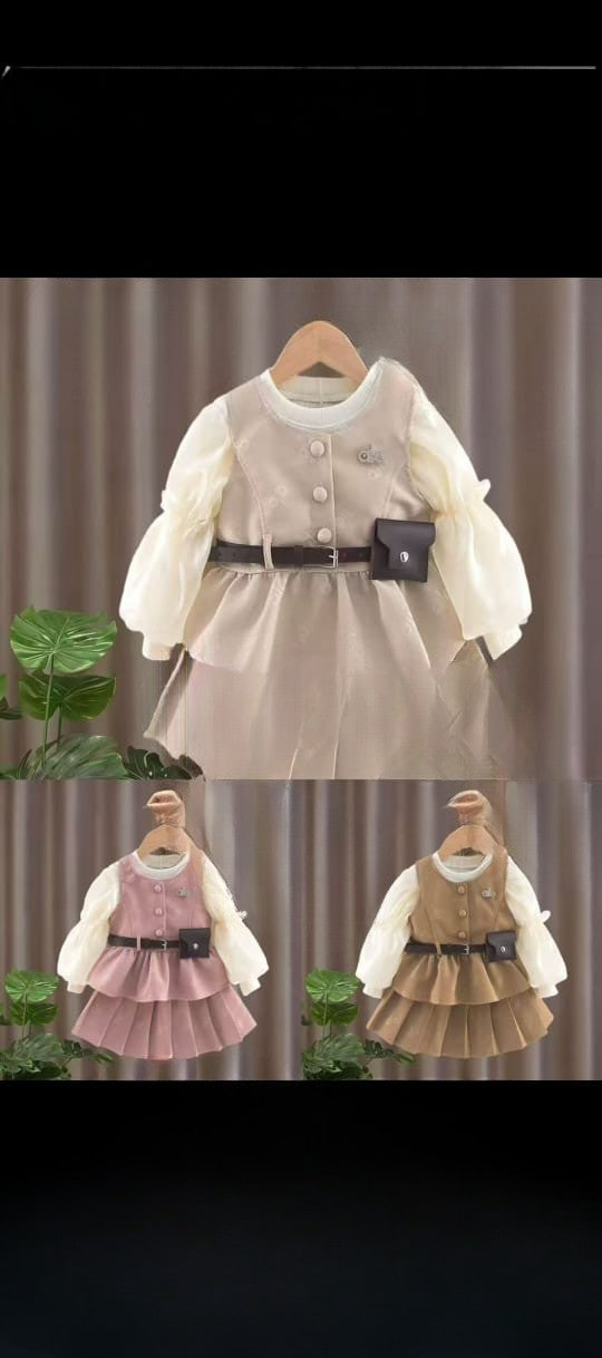 Ensemble Fille Chic à Plissés - Robe + Chemisier avec Ceinture Pochette