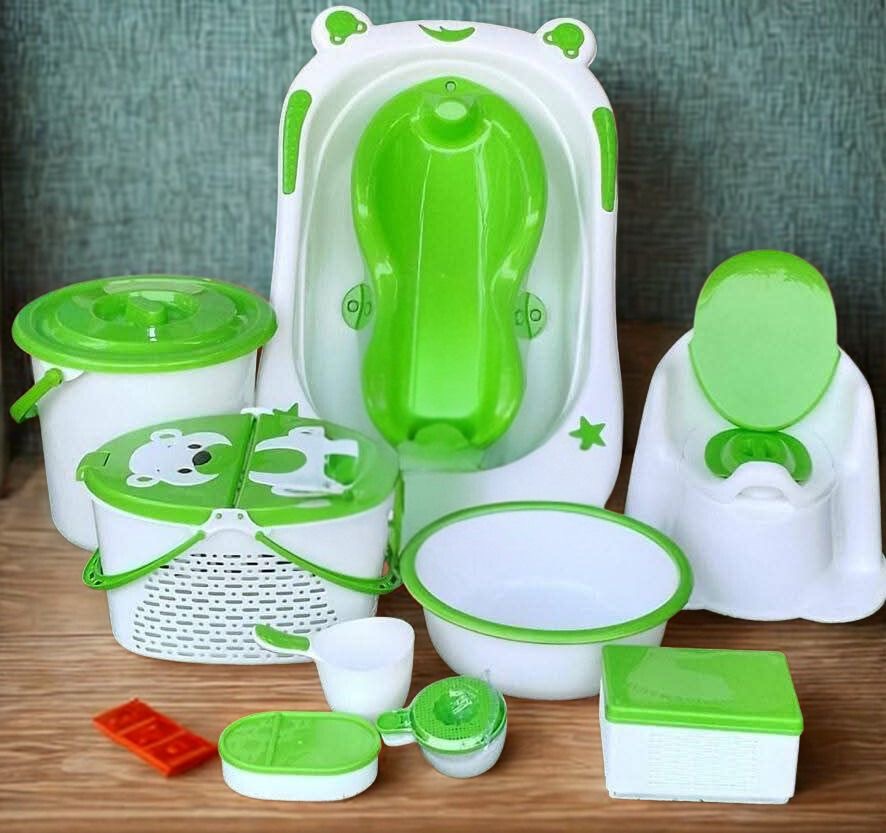 Ensemble de Bain Complet pour Bébé - Blanc et Vert Motifs Ourson