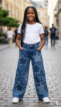 Jean Wide Leg Fille – Étoiles Patchwork & Style Cargo Ultra-Tendance