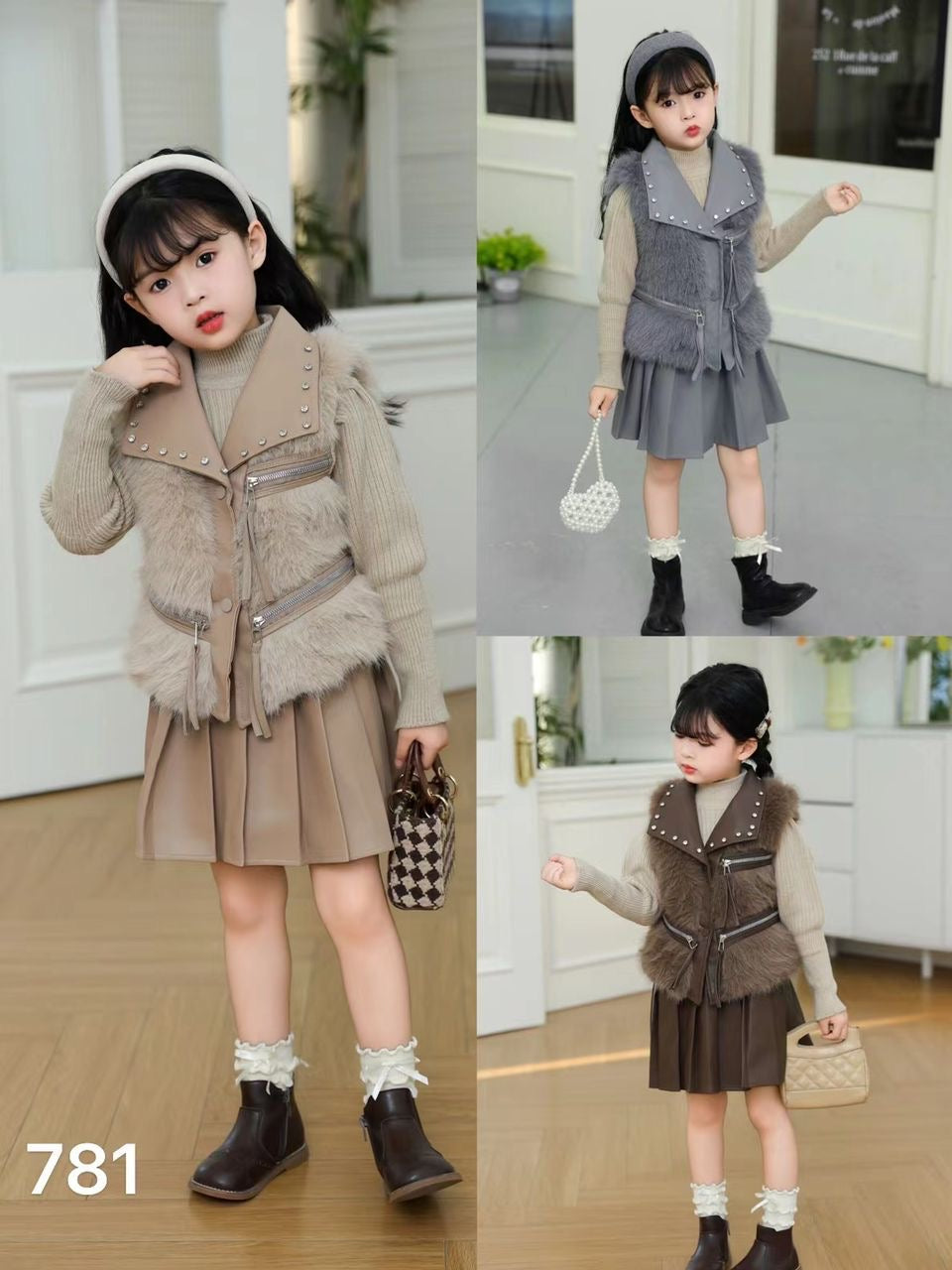 Ensemble Fille "Chic Automnal" - Gilet Fourrure + Pull + Jupe Plissée