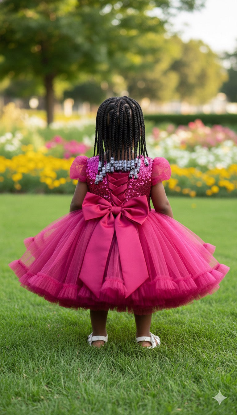 Robe de Cérémonie Fille – Sequins Fuchsia & Tulle Volumineux