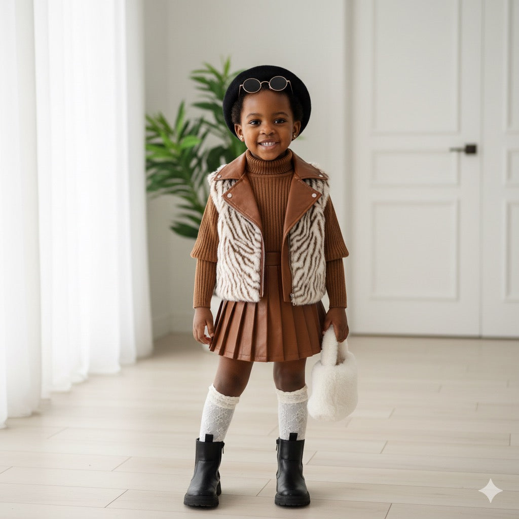 Ensemble jupe plissée & gilet en fausse fourrure motif zébré – Style chic