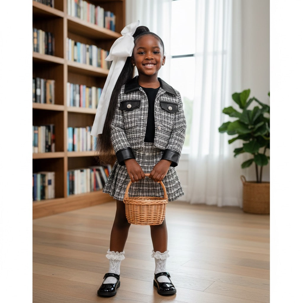 Ensemble Chic Tweed Fille - Veste + Jupe Plissée Noir & Blanc
