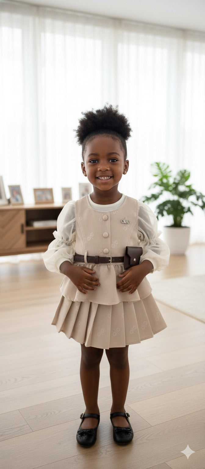 Ensemble Fille Chic à Plissés - Robe + Chemisier avec Ceinture Pochette