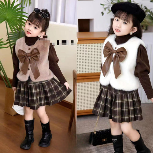 Ensemble Élégant Fille - Gilet Fourrure Nœud + Pull + Jupe Carreaux
