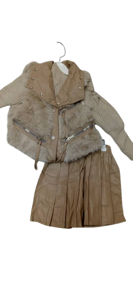 Ensemble Fille 3 Pièces – Pull Tricot + Veste Fourrure & Cuir + Jupe Plissée Beige