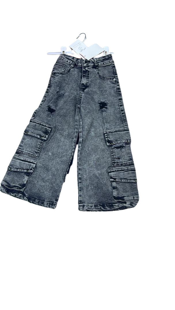Jean Cargo Wide Leg pour Fille – Noir Délavé, Style Urbain & Tendance