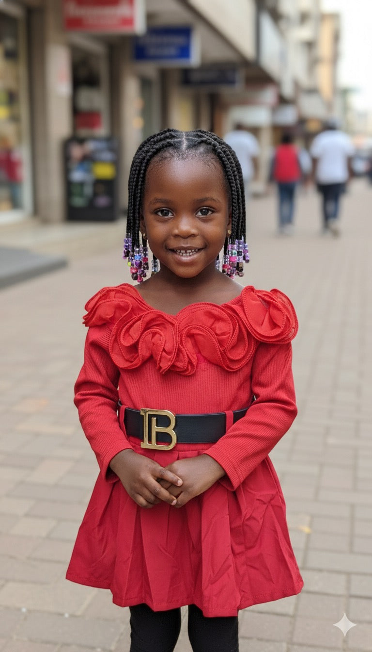 Robe Enfant – Rouge Élégante avec Fleurs en Relief & Ceinture LB