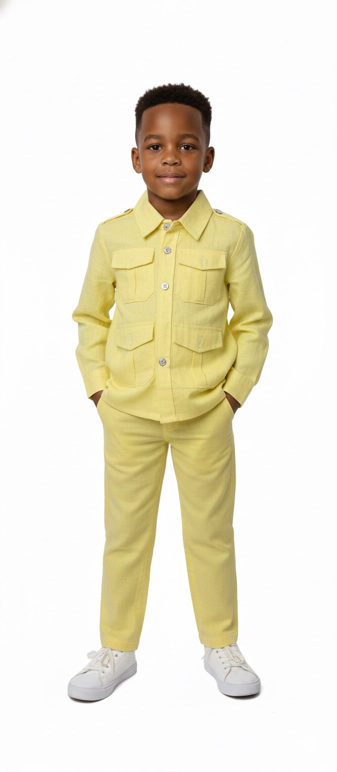 Ensemble Garçon Manche Longue - Chemise & Pantalon (Blanc & Jaune)