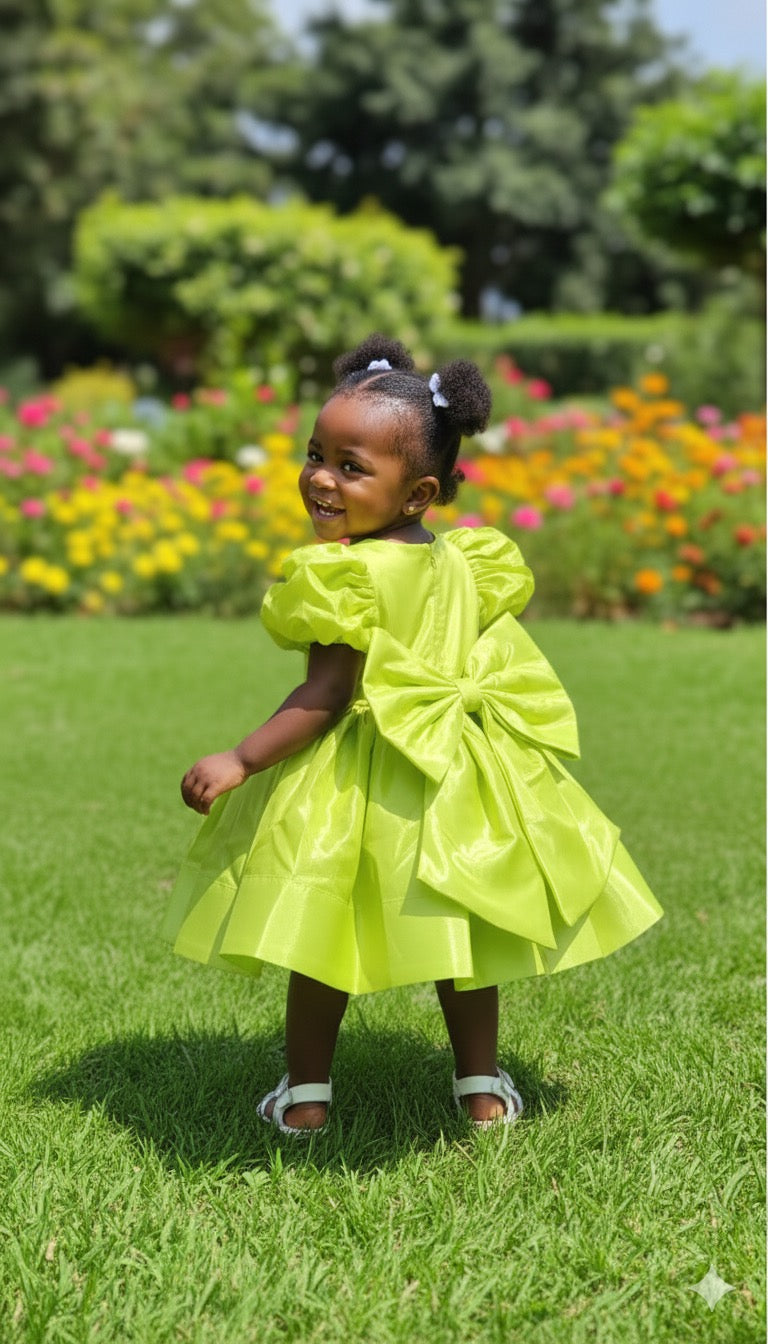 Robe Fille Ballon Vert Citron – Grand Nœud (1-5 ans)