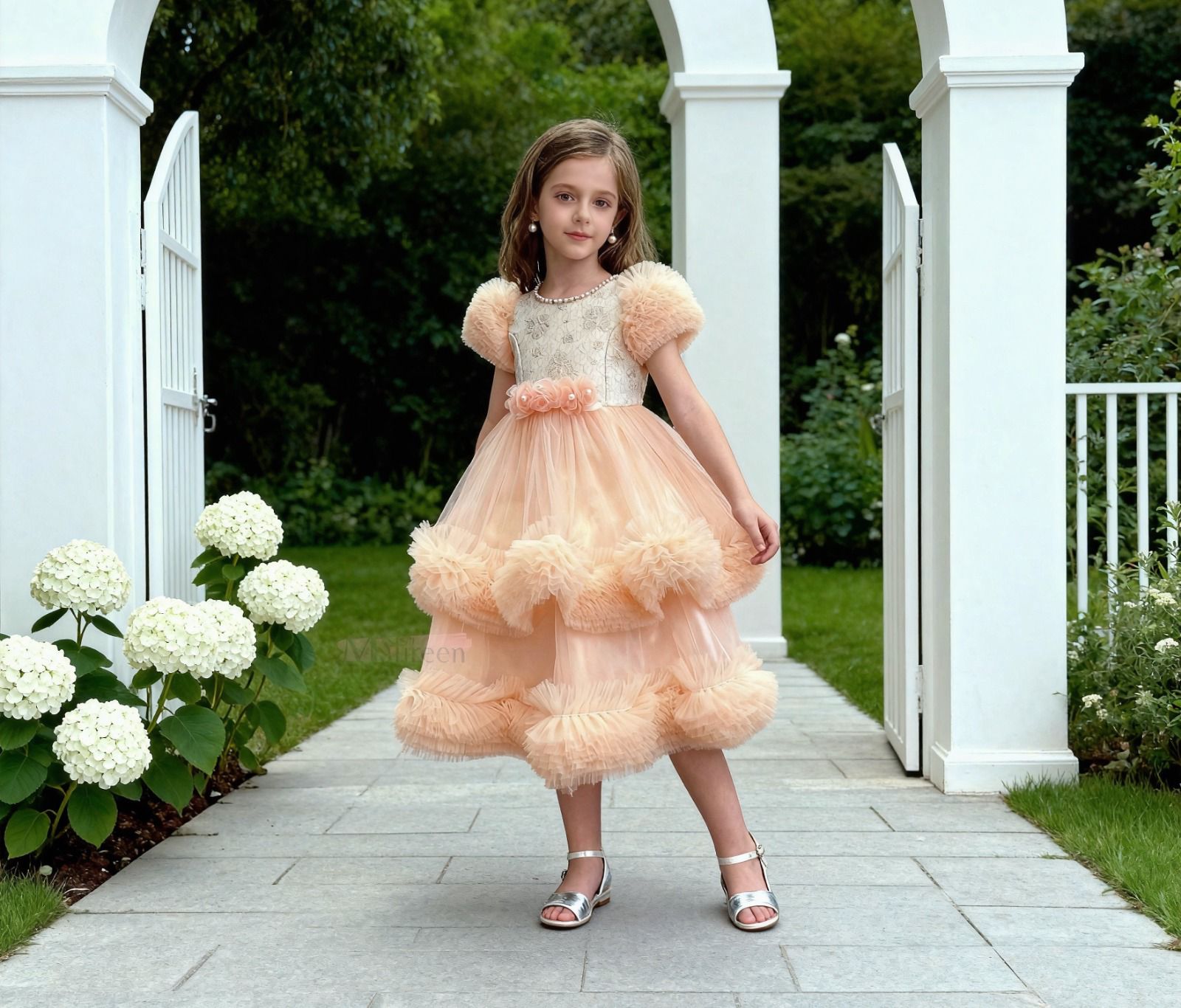 Robe de Cérémonie Fille Style Princesse en Tulle - Manches Bouffantes