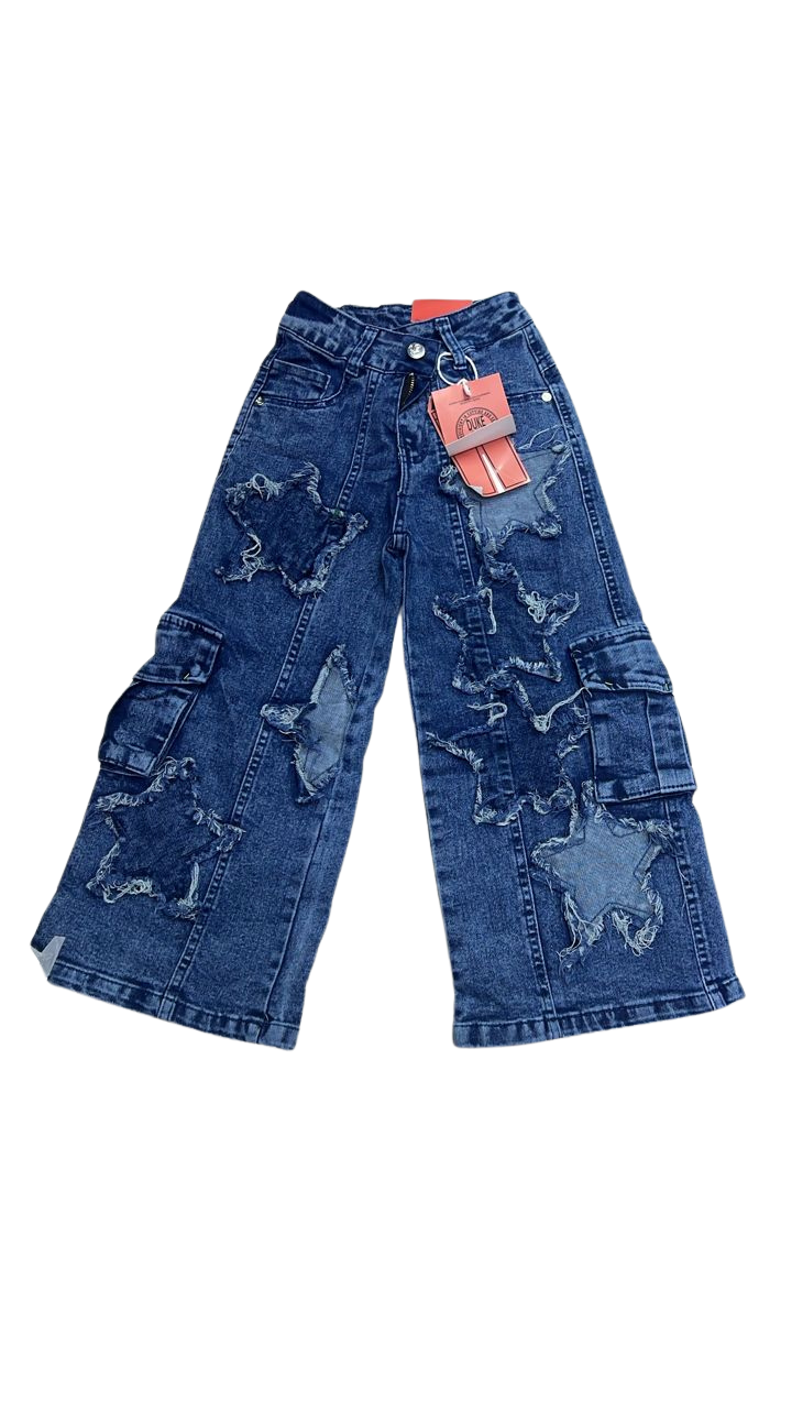 Jean Wide Leg Fille – Étoiles Patchwork & Style Cargo Ultra-Tendance