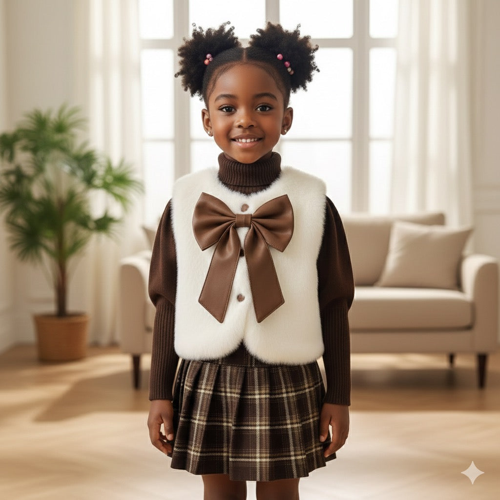 Ensemble Élégant Fille - Gilet Fourrure Nœud + Pull + Jupe Carreaux