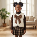 Ensemble Élégant Fille - Gilet Fourrure Nœud + Pull + Jupe Carreaux