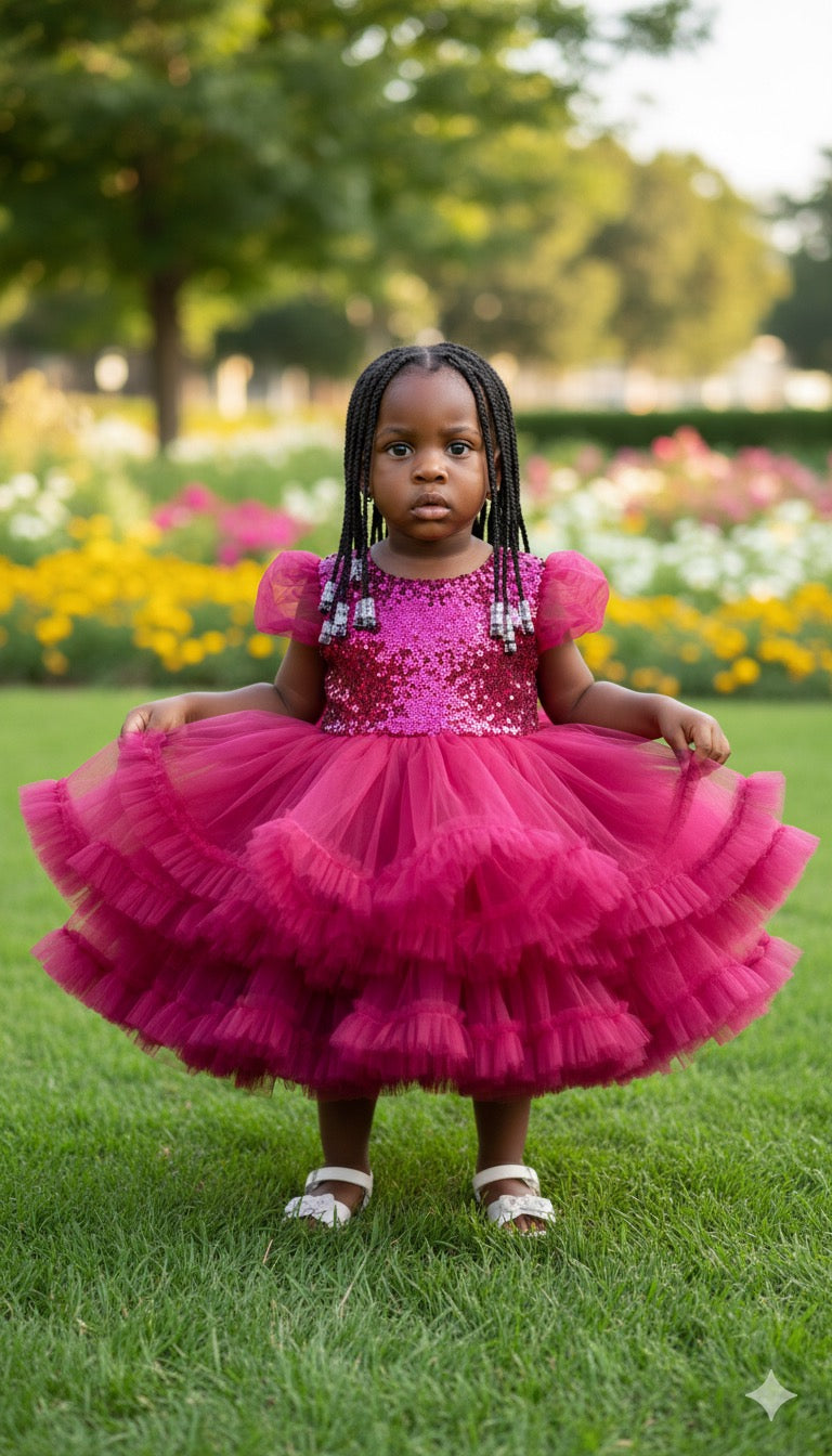 Robe de Cérémonie Fille – Sequins Fuchsia & Tulle Volumineux