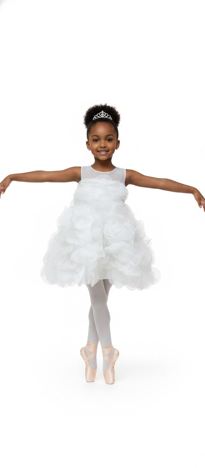 Robe Blanche Pétales 3D Fille – Organza, Style Princesse & Ballet Premium