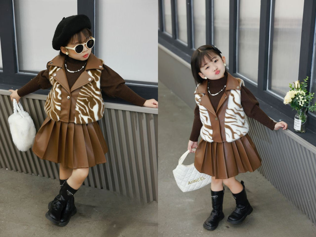 Ensemble jupe plissée & gilet en fausse fourrure motif zébré – Style chic