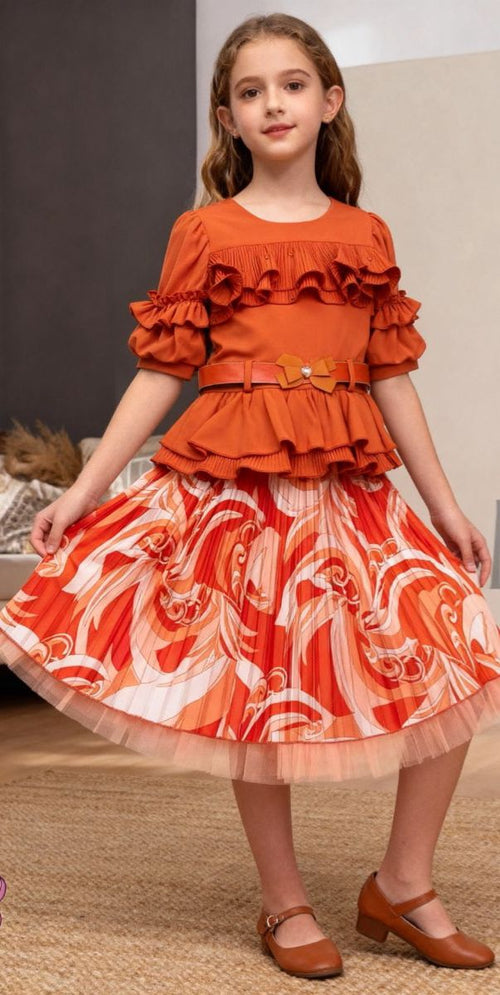 Ensemble Deux-Pièces Fille - Haut à Volants et Jupe Plissée Imprimée