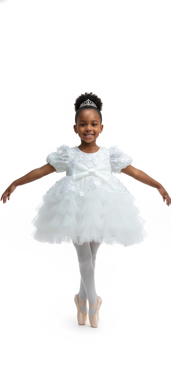 Robe Blanche Princesse Fille – Tulle & Sequins, Style Ballet & Cérémonie
