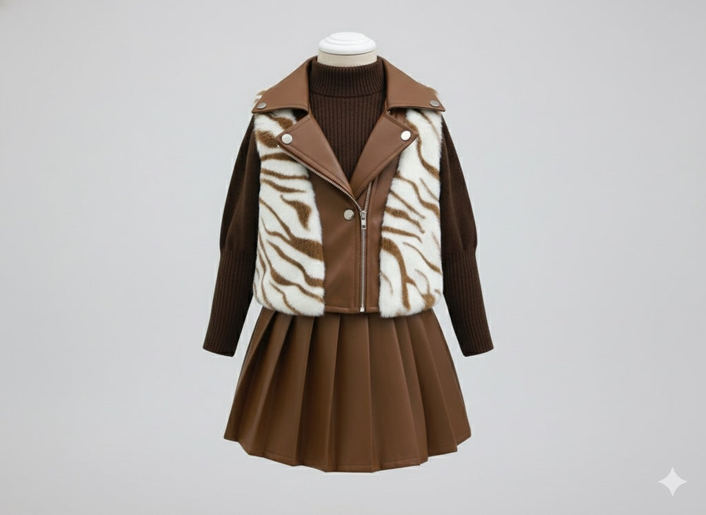 Ensemble jupe plissée & gilet en fausse fourrure motif zébré – Style chic