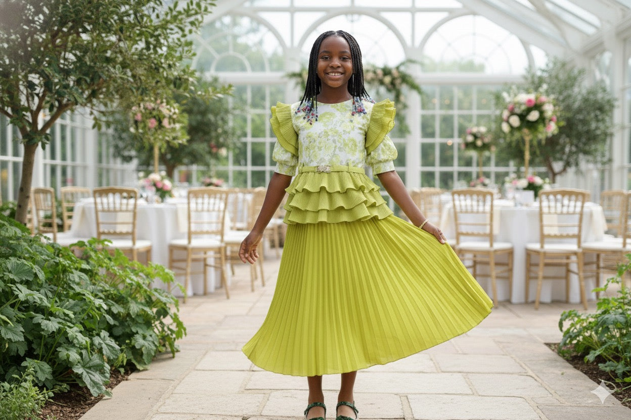 Ensemble Fille 2 Pièces - Haut Volanté et Jupe Plissée Midi