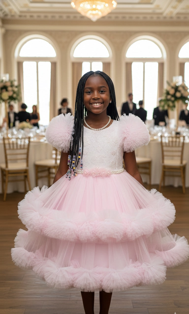 Robe de Cérémonie Fille Style Princesse en Tulle - Manches Bouffantes