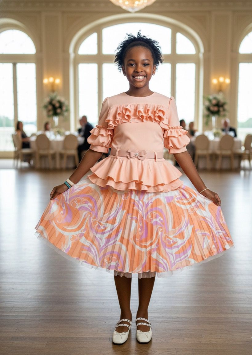 Ensemble Deux-Pièces Fille - Haut à Volants et Jupe Plissée Imprimée