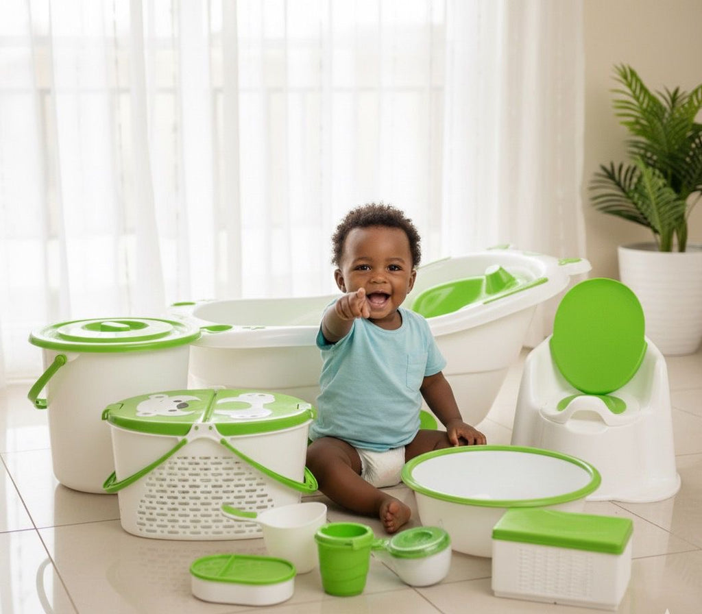 Ensemble de Bain Complet pour Bébé - Blanc et Vert Motifs Ourson