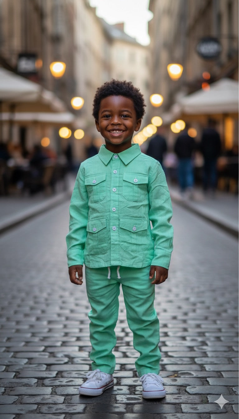 Ensemble Garçon 2 Pièces – Chemise & Pantalon (Bleu ou Vert Menthe)