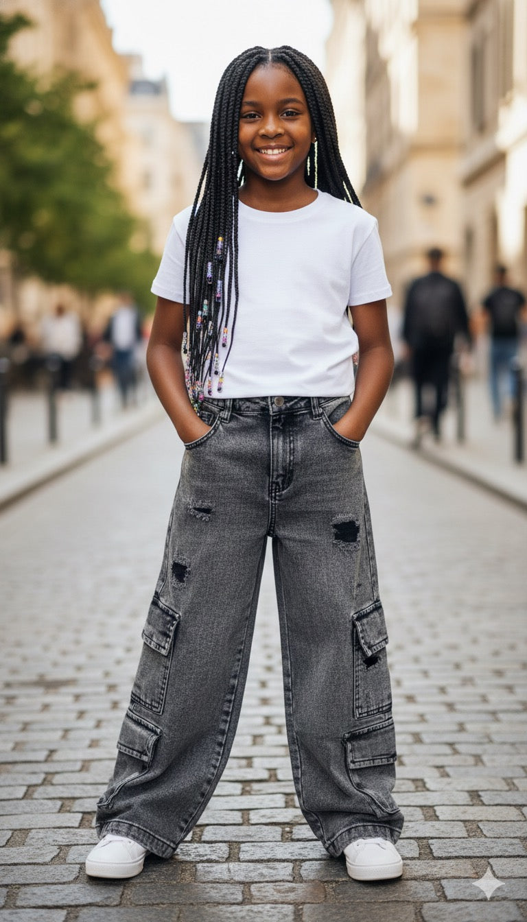 Jean Cargo Wide Leg pour Fille – Noir Délavé, Style Urbain & Tendance