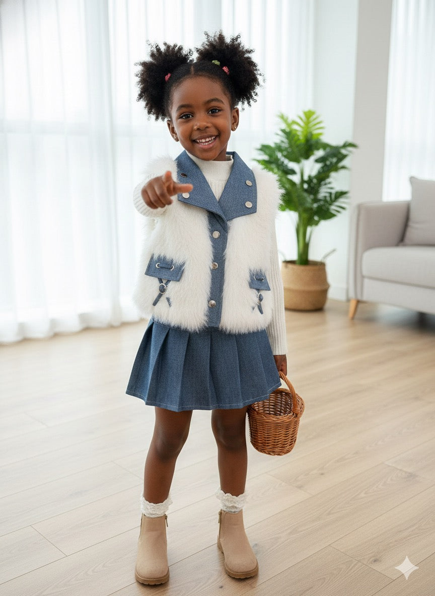 Ensemble Fille Chic - Veste Fourrure Denim + Pull + Jupe Plissée