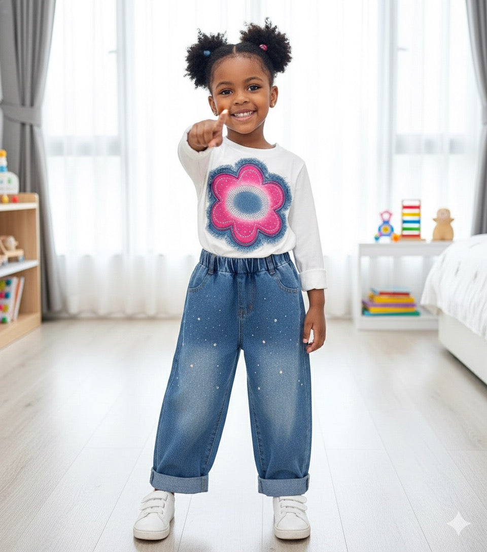 Ensemble Fille "Flower Glow" - T-shirt Fleur Brodée + Jean Large Perlé