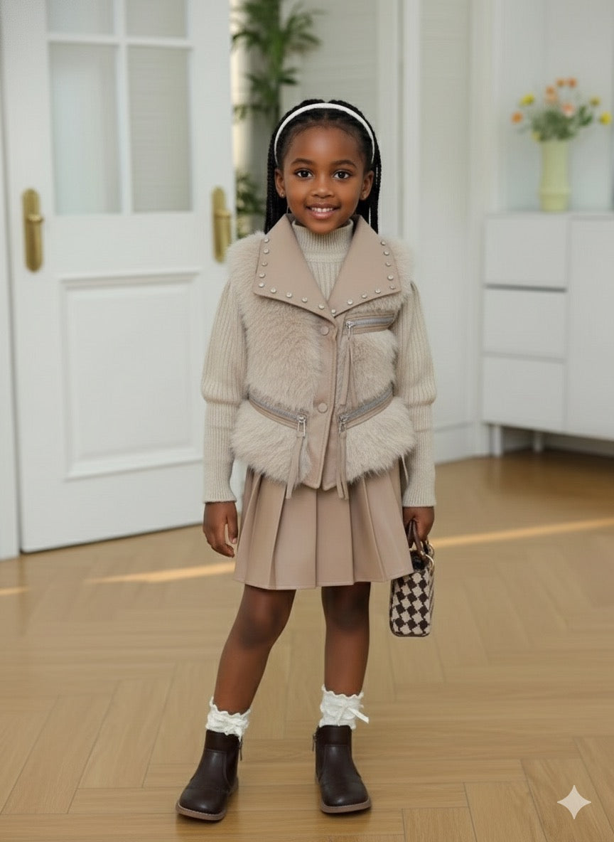 Ensemble Fille "Chic Automnal" - Gilet Fourrure + Pull + Jupe Plissée
