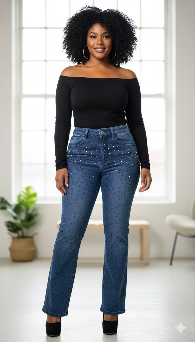 Jean Femme Taille Haute – Style Brillant avec Strass