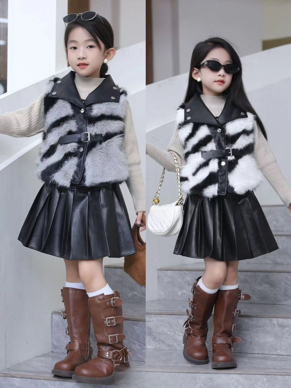 Ensemble fille zébré chic – Pull beige, gilet fausse fourrure & jupe simili cuir