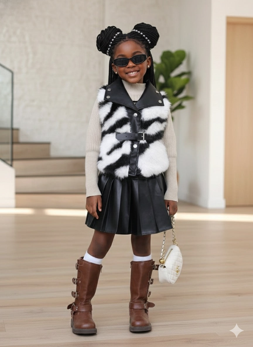 Ensemble fille zébré chic – Pull beige, gilet fausse fourrure & jupe simili cuir