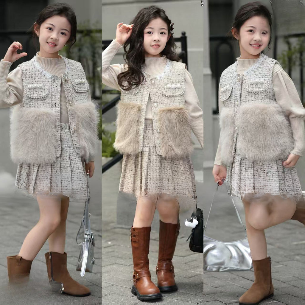 Ensemble Chic Tweed & Fourrure – 3 Pièces Fille (Pull, Veste & Jupe)