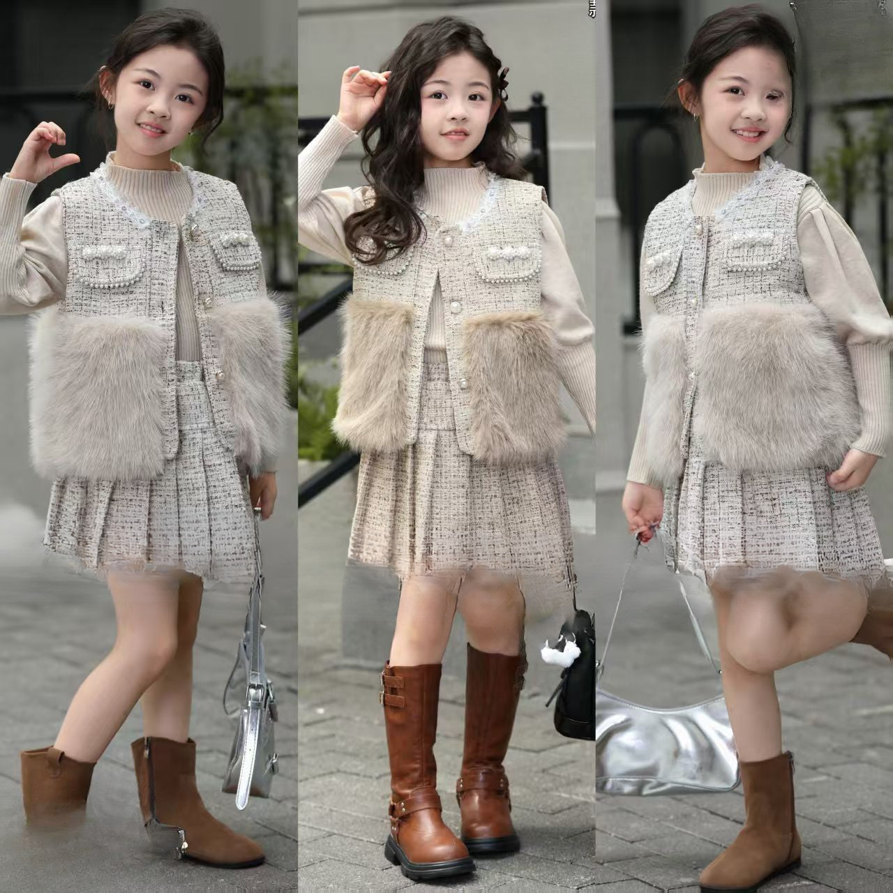 Ensemble Chic Tweed & Fourrure – 3 Pièces Fille (Pull, Veste & Jupe)