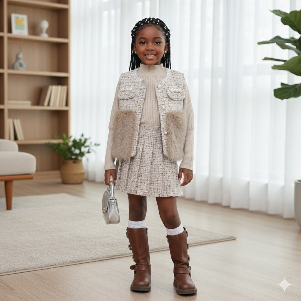 Ensemble Chic Tweed & Fourrure – 3 Pièces Fille (Pull, Veste & Jupe)